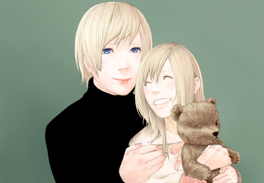 2girls aya_brea blonde_hair blue_eyes doll eve_brea eyes_closed female grin happy hata_yui long_hair multiple_girls parasite_eve parasite_eve_ii short_hair smile stuffed_animal sweater teddy_bear ttt4487