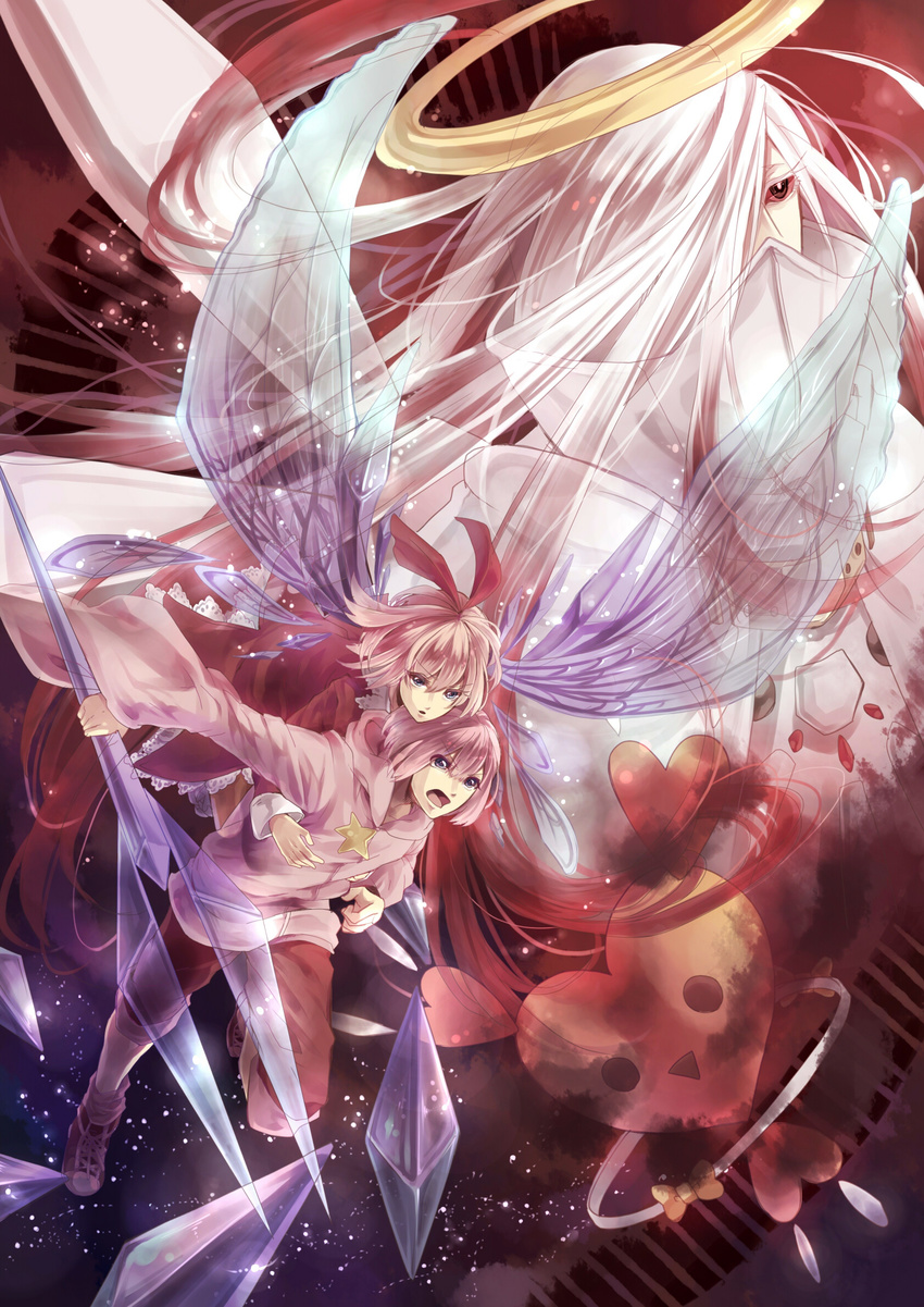 1girl androgynous angel bandages barcode battle belt black_eyes bleeding blood blue_eyes copy_ability crystal_shard dress flying halo heart high_collar highres hood hoodie hug janis_(hainegom) kirby kirby_(series) long_hair open_mouth pants personification pink_hair red_sclera ribbon_(kirby) ripple_star robe shoes sneakers space star star_(sky) very_long_hair white_hair wings zero_two_(kirby)