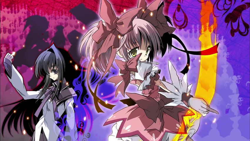 akemi_homura black_hair bubble_skirt end_card kaname_madoka long_hair magical_girl mahou_shoujo_madoka_magica multiple_girls mura_kuroe official_art pink_hair skirt twintails yellow_eyes