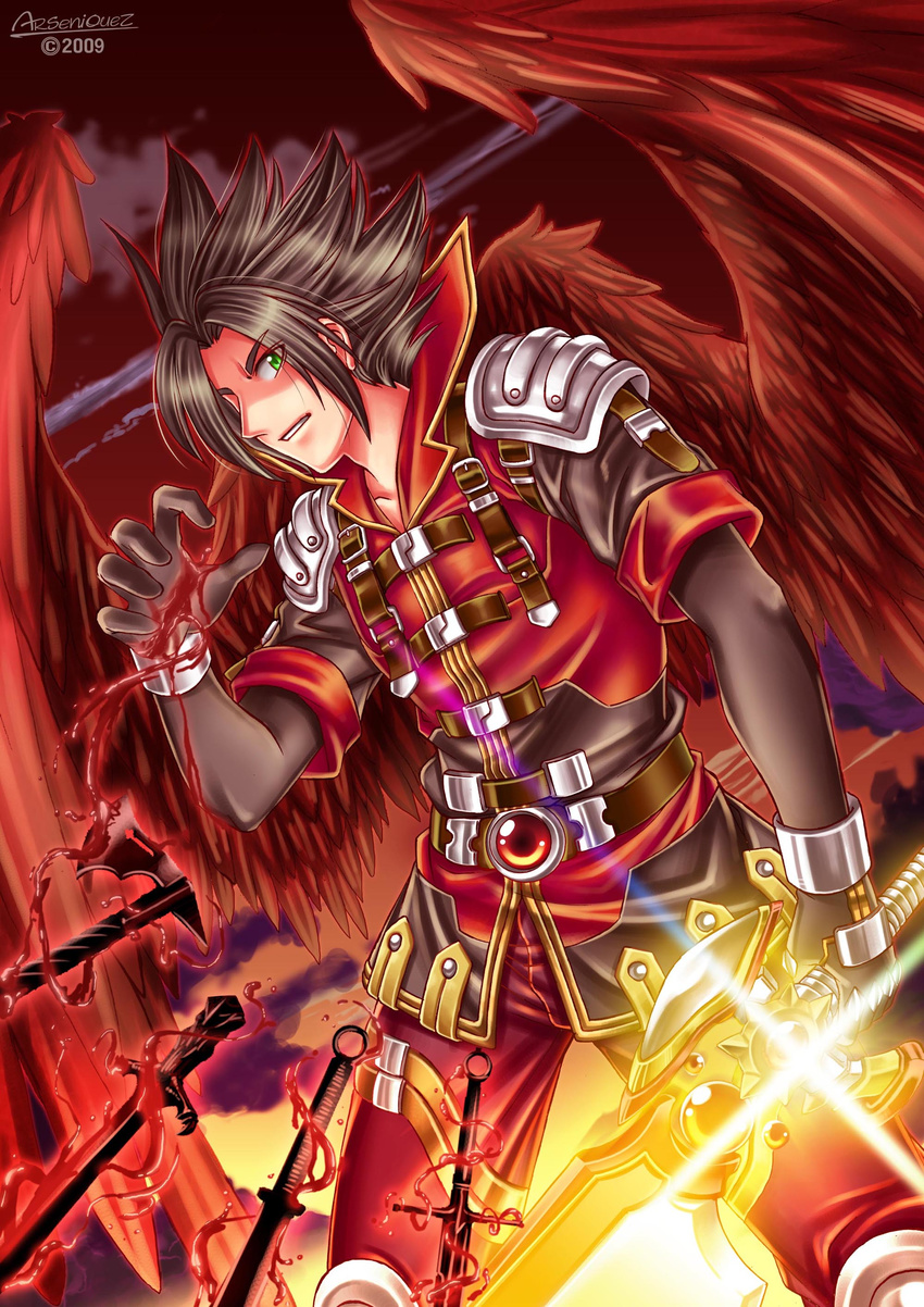 absurdres armor axe belt black_hair blood cloud copyright_request dagger feathers gloves green_eyes grin highres injury magic male_focus sky smile solo songwut_ouppakarndee sword weapon wings