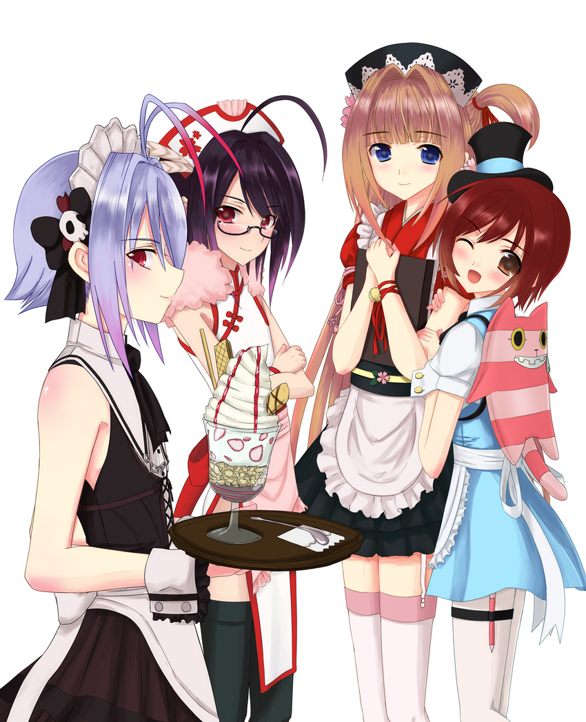 4boys antenna_hair apron black_legwear black_thighhighs blue_eyes blue_hair blush bridget_faust brown_eyes brown_hair cherry_girls china_dress chinese_clothes crossdress crossdressing crossed_arms dress glasses hat headdress highres lolita_fashion long_hair male male_focus multiple_boys nao_(otosuki) open_mouth otoko_no_ko_wa_meido_fuku_ga_osuki otoko_no_ko_wa_meido_fuku_ga_osuki!? parfait plate purple_hair red_eyes rio_(otosuki) short_hair side_ponytail smile thighhighs tomo_(otosuki) trap waiter white_legwear white_thighhighs wink yuki_(otosuki)