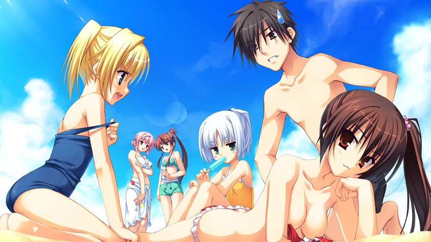 4girls bikini black_hair blonde_hair blue_eyes blue_swimsuit bored breasts brown_hair chitose_haruki chitose_sana cleavage cloud day game_cg green_bikini green_eyes kobuichi long_hair lying medium_breasts multiple_girls muririn on_stomach outdoors pink_hair red_bikini rindou_ruri short_hair silver_hair sky smile swimsuit swimsuit_removed tenshinranman tokiwa_mahiro unohana_no_sakuyahime white_bikini white_swimsuit yamabuki_aoi yellow_swimsuit