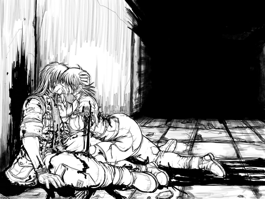 1girl blood couple greyscale hellsing hetero injury kiss kouta_(artist) miniskirt monochrome pip_bernardotte seras_victoria severed_arm severed_limb skirt spoilers