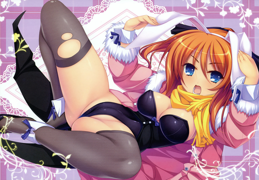 absurdres animal_ears blue_eyes breasts bunny_ears bunnysuit bura_bura cameltoe coat coffee_cat fake_animal_ears fishnet_legwear fishnets highres large_breasts long_hair minase_nakaba open_mouth orange_hair scarf solo spread_legs thighhighs torn_clothes torn_legwear wrist_cuffs