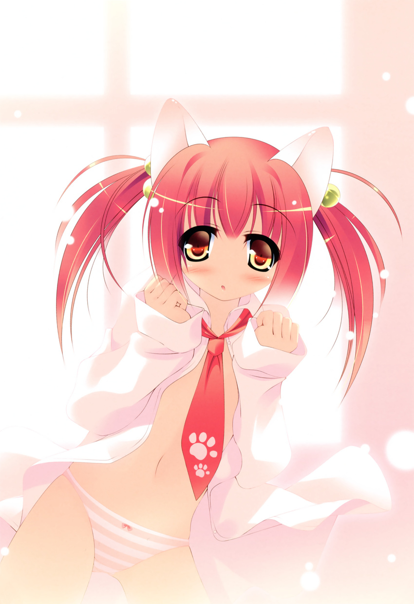 absurdres animal_ears bow bow_panties cat_ears dress_shirt hair_bobbles hair_ornament highres inuneko long_sleeves navel necktie open_clothes open_shirt orange_eyes original panties paw_print red_hair shirt solo twintails underwear yellow_eyes