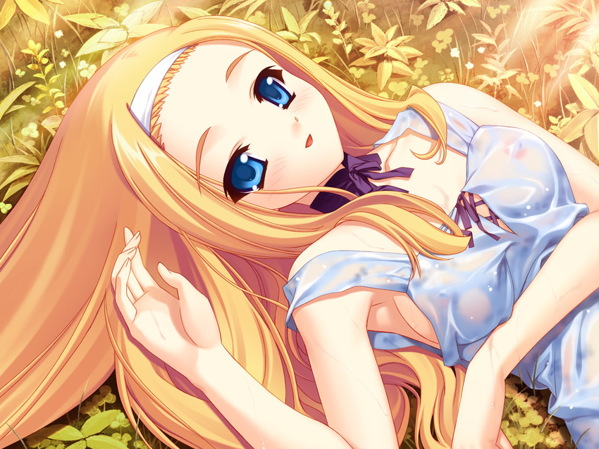 blonde_hair blue_eyes blush boku_no_te_no_naka_no_rakuen ellinor_besch game_cg kurosaki no_bra see_through wet