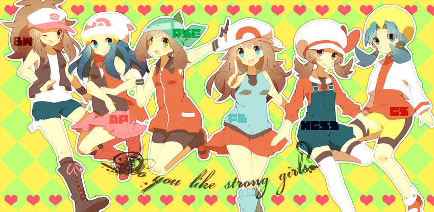 6+girls 6girls baseball_cap blue_(pokemon) blue_eyes blue_hair blush brown_hair crystal_(pokemon) english frown green_eyes haruka_(pokemon) hat heart hikari_(pokemon) jumping kotone_(pokemon) leaf_(pokemon) long_hair multiple_girls open_mouth overalls pointing pokemon pokemon_(game) pokemon_black_and_white pokemon_bw pokemon_firered_and_leafgreen pokemon_heartgold_and_soulsilver pokemon_hgss pokemon_rgby ponytail scarf short_hair shorts skirt smile standing_on_one_leg thighhighs touko_(pokemon) twintails vest white_(pokemon) white_legwear white_thighhighs wink