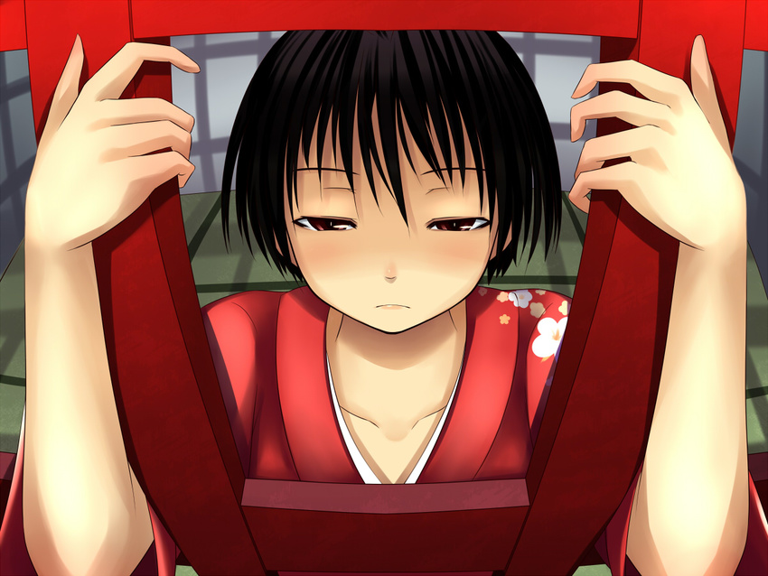 =_= black_hair blush brown_eyes frown holding_bars idolmaster idolmaster_(classic) in_cell japanese_clothes kikuchi_makoto prison short_hair solo tog_(shoten)