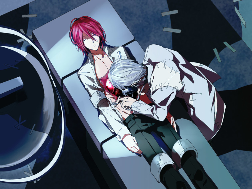 blood death_scythe death_scythe_(spirit) dissection dr_franken_stein grey_hair labcoat laboratory light male male_focus open_clothes open_shirt red_hair scar science screw shirt sleeping soul_eater spirit_(soul_eater) spirit_albarn stitches strapped_down