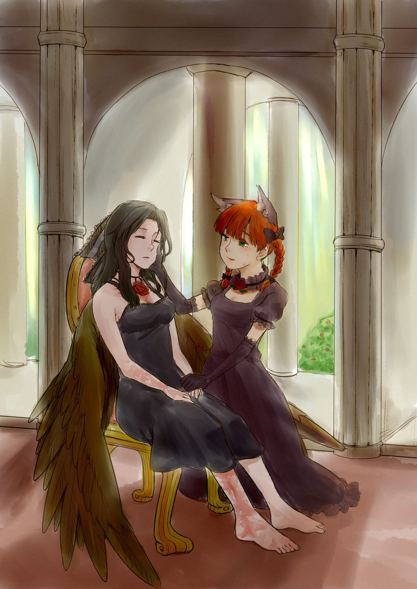 absurdres animal_ears bad_id bad_pixiv_id barefoot black_hair black_wings bow braid cat_ears dress elbow_gloves extra_ears face feet flower gloves green_eyes hair_bow highres hikimaru kaenbyou_rin long_hair multiple_girls red_flower red_hair red_rose reiuji_utsuho rose short_hair tears touhou twin_braids twintails wings