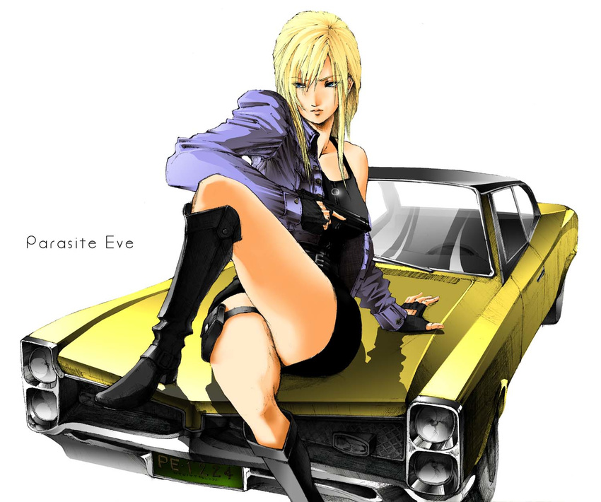 aya_brea bare_shoulders blonde_hair blue_eyes boots car dress female fingerless_gloves gloves graphite_(pixiv2775413) gun handgun highres jacket legs_crossed long_hair motor_vehicle parasite_eve parasite_eve_ii pistol sitting solo thigh_strap vehicle weapon white_background