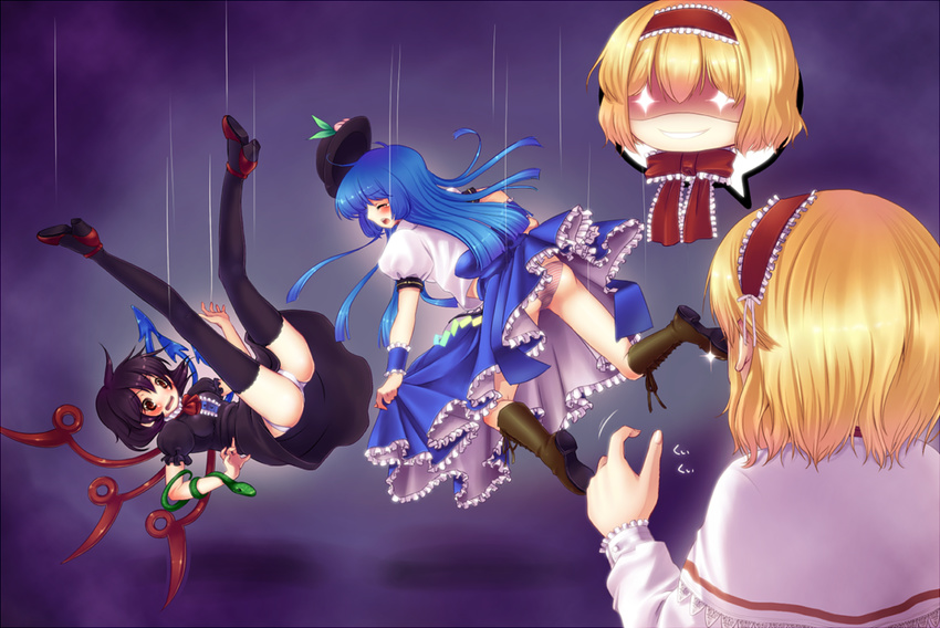 alice_margatroid bad_id bad_pixiv_id bdsm black_hair black_legwear blonde_hair blue_hair bondage bound commentary_request grin hat hinanawi_tenshi houjuu_nue kyrie_(artist) long_hair multiple_girls panties pantyshot short_hair smile snake string striped striped_panties thighhighs touhou underwear you_gonna_get_raped