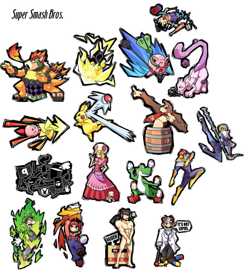 &hearts;_eyes black_eyes bowser brown_eyes captain_falcon donkey_kong_(character) donkey_kong_(series) dr._mario eyes_closed funny gorilla gregory_house hi_res house.m.d. human jigglypuff kirby koopa lol luigi mario mario_bros mewtwo parody pichu pikachu pok&eacute;mon princess princess_peach reptile royalty scalie solid_snake super_smash_bros unknown_artist video_games white_eyes yoshi