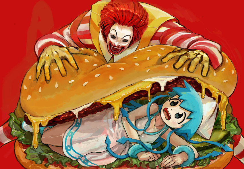 1girl 27_degrees blue_hair bracelet clown crossover food hamburger hat horror_(theme) ikamusume in_food jewelry long_hair mcdonald's oversized_food oversized_object red_hair ronald_mcdonald shinryaku!_ikamusume tentacle_hair you_gonna_get_eaten