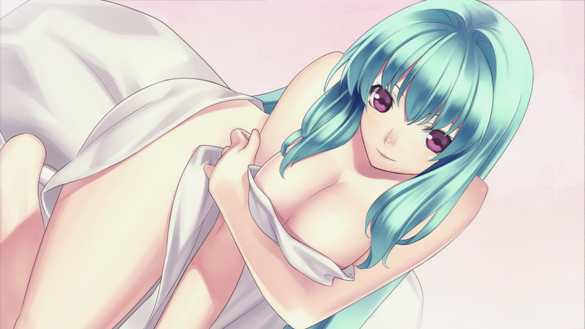 agarest_senki_(series) agarest_senki_2 bed_sheet breasts game_cg green_hair hirano_katsuyuki holding large_breasts long_hair naked_sheet nude red_eyes simple_background solo victoria_(agarest_senki)