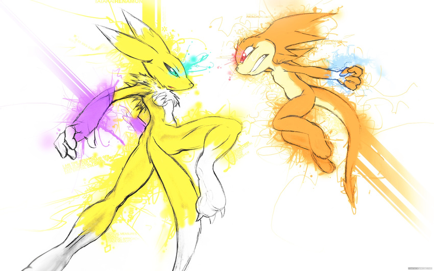 canine colorful couple darkdoomer digimon female fight fox light male patachu renamon