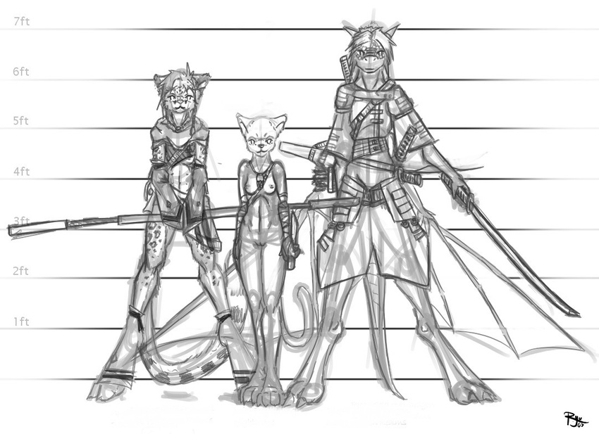 ayala cat clothing comparison dragon feline female group jacia line_up male nude rico ryuujinzero scalie sketch snow_leopard trio weapon