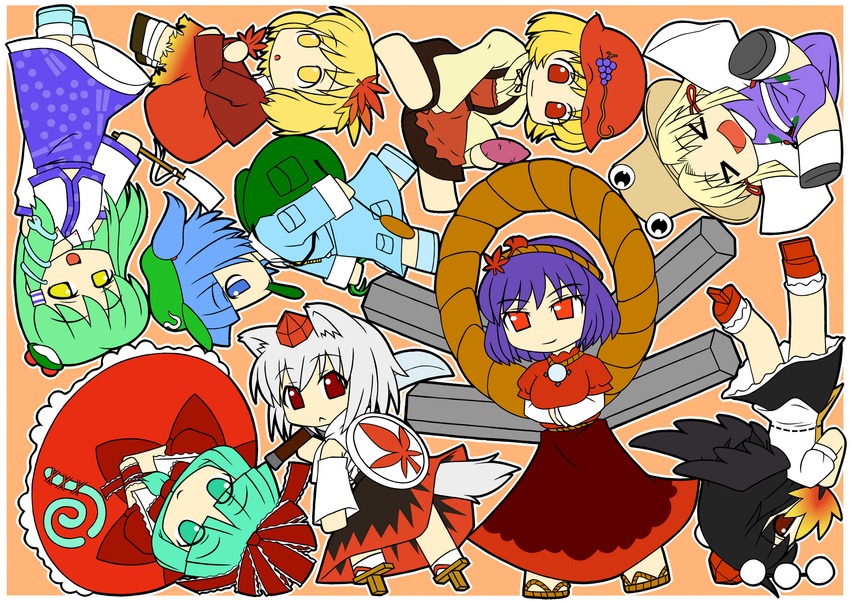 aki_minoriko aki_shizuha animal_ears bad_id bad_pixiv_id chibi geta highres inubashiri_momiji kagiyama_hina kawashiro_nitori kochiya_sanae moriya_suwako mountain_of_faith multiple_girls nyontase shameimaru_aya tail tengu-geta touhou wolf_ears wolf_tail yasaka_kanako