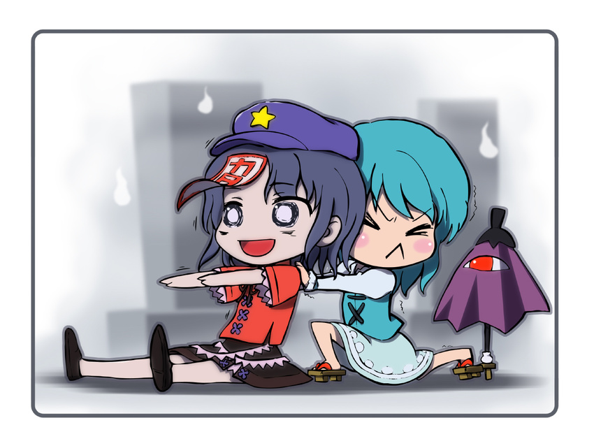 &gt;_&lt; :&lt; :d ah-negitorow blue_hair blush_stickers chibi closed_eyes geta hat karakasa_obake miyako_yoshika multiple_girls o_o ofuda open_mouth outstretched_arms pale_skin purple_umbrella pushing sandals short_hair sitting skirt smile star tatara_kogasa tongue touhou translated umbrella zombie_pose