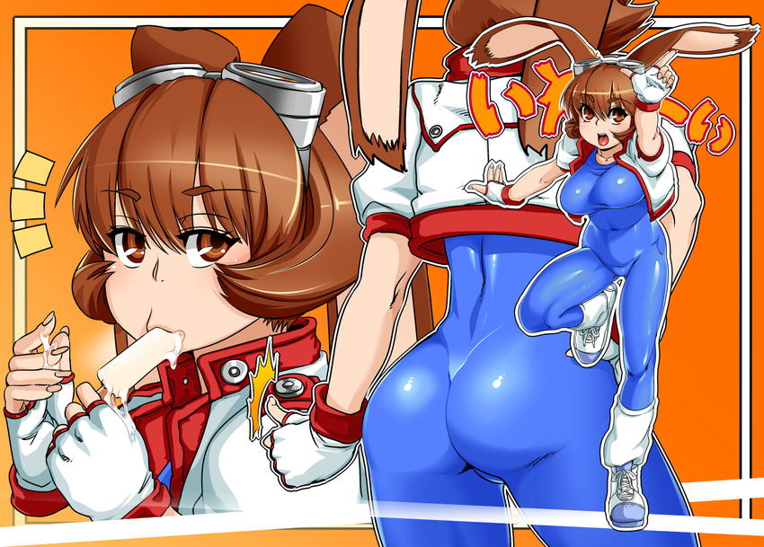 animal_ears ass blue_bodysuit bodysuit breasts brown_eyes brown_hair bunny_ears cleavage eating fingerless_gloves food gloves large_breasts makihara_arina orange_background popsicle ryao sexually_suggestive shiny shiny_clothes skin_tight spandex waku_waku_7