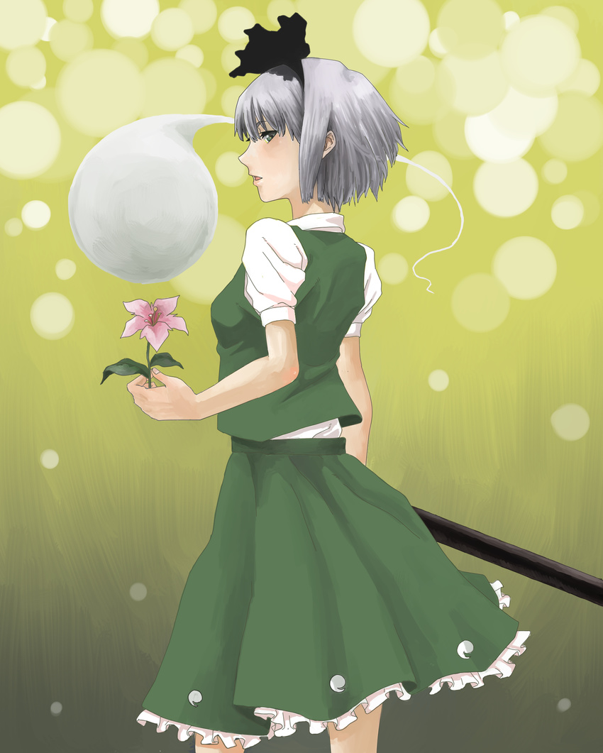 absurdres bad_id bad_pixiv_id black_hairband flower ghost gift go-m green_eyes hairband highres holding holding_flower katana konpaku_youmu konpaku_youmu_(ghost) looking_back short_hair silver_hair solo sword touhou weapon