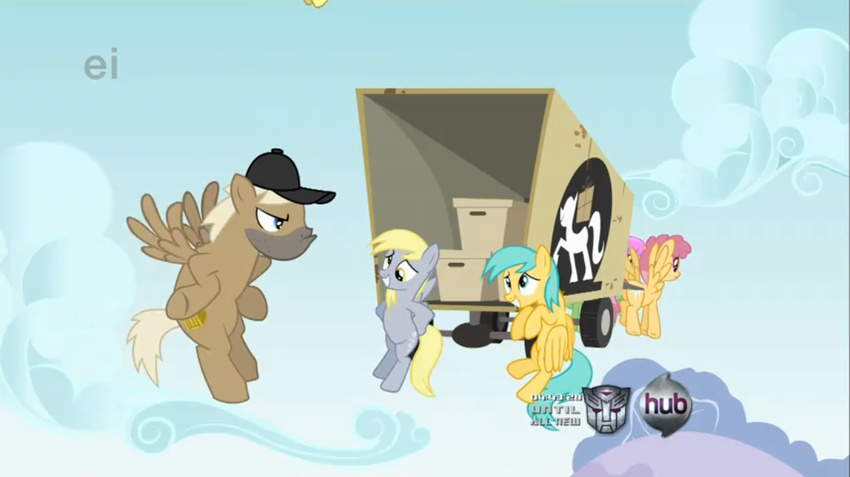 amber_eyes autobot_insignia blue_eyes cloud derp derpy_hooves_(mlp) english_text equine female feral flying friendship_is_magic hat male mammal my_little_pony outside pegasus pink_eyes sky text transformers unknown_artist wagon wings