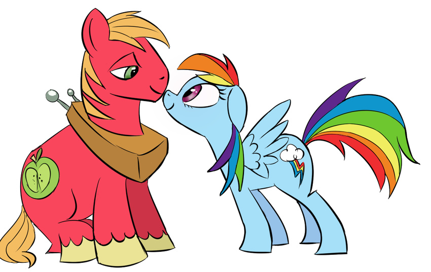 big_mac_(mlp) blue_fur brown_hair cutie_mark duo earth_pony equine female feral friendship_is_magic fur green_eyes hair half-closed_eyes horse horse_tail male mammal multi-colored_hair my_little_pony pegasus plain_background pony purple_eyes rainbow_dash_(mlp) rainbow_hair rainbow_tail red_fur smile unknown_artist white_background wings