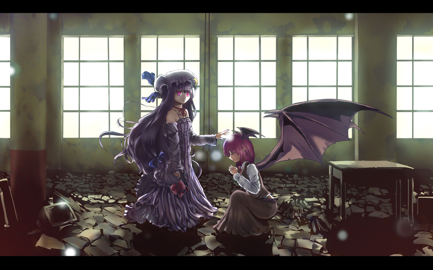 adapted_costume bat_wings book crescent culter detached_sleeves glowing glowing_eyes hat head_wings highres koakuma large_wings long_hair messy_room monitor multiple_girls patchouli_knowledge pink_eyes pointy_ears purple_hair red_hair touhou very_long_hair wallpaper wings