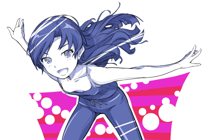 bent_over blush collarbone downblouse flat_chest happy idolmaster idolmaster_(classic) kisaragi_chihaya long_hair monochrome outstretched_arms solo spread_arms takahashi_ren