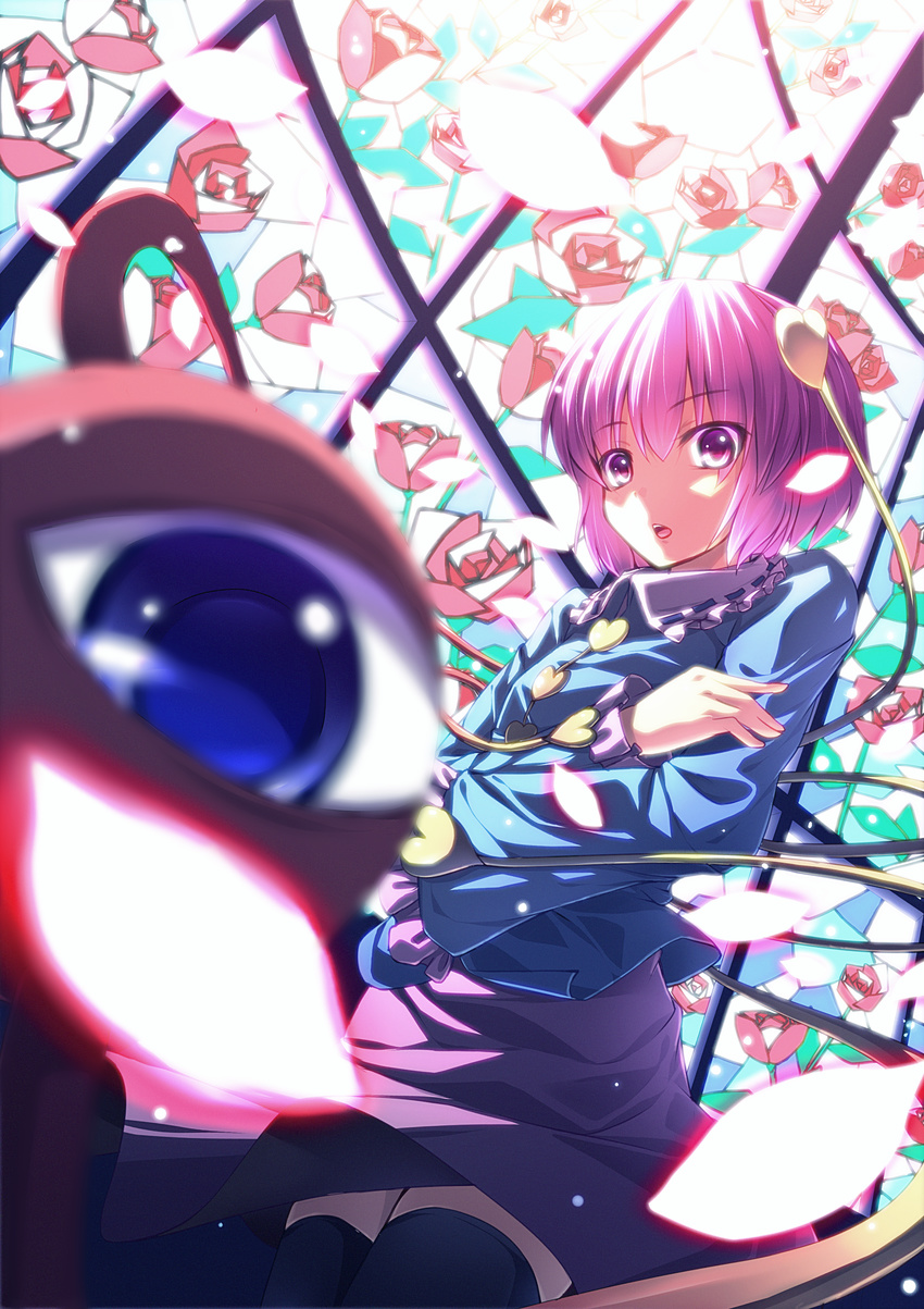 :o absurdres alternate_hairstyle black_legwear blurry depth_of_field eyeball face foreshortening hairband heart highres komeiji_satori petals pink_eyes pink_hair ryosios short_hair solo stained_glass staring thighhighs third_eye touhou zettai_ryouiki