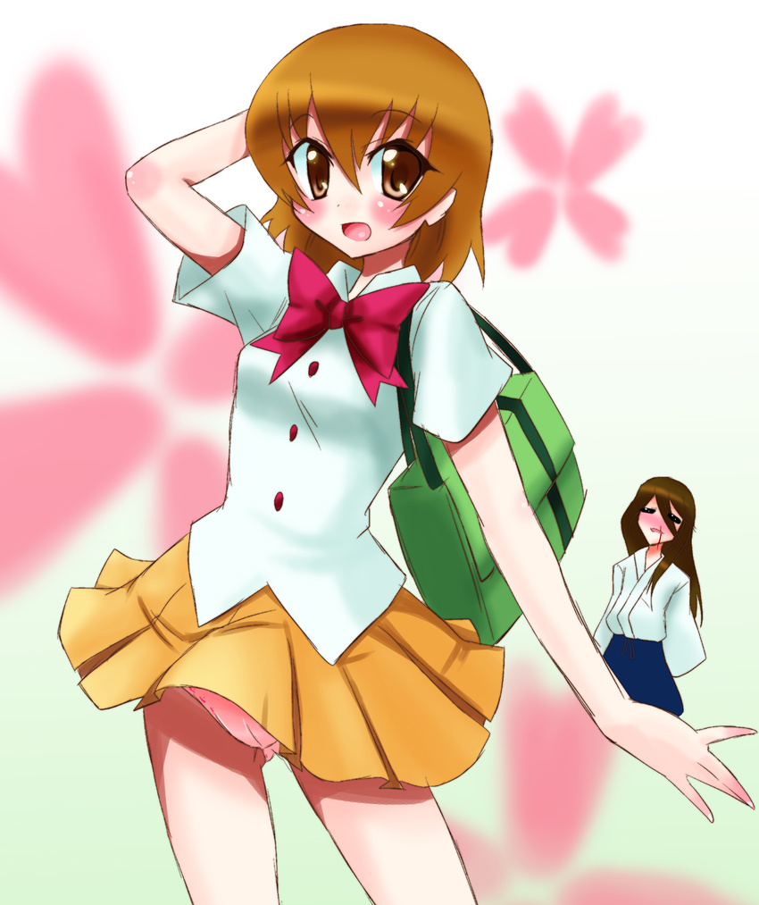 1girl bag blood blush bow brother_and_sister brown_hair heartcatch_precure! highres japanese_clothes long_hair myoudou_gakuen_middle_school_uniform myoudouin_itsuki myoudouin_satsuki nosebleed panties pink_panties precure school_uniform shirogane_(cufsser) short_hair siblings skirt underwear