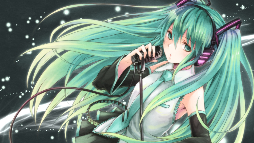 aqua_eyes aqua_hair detached_sleeves hatsune_miku headphones highres light_particles long_hair microphone microphone_stand music necktie singing solo twintails very_long_hair vocaloid yakusa