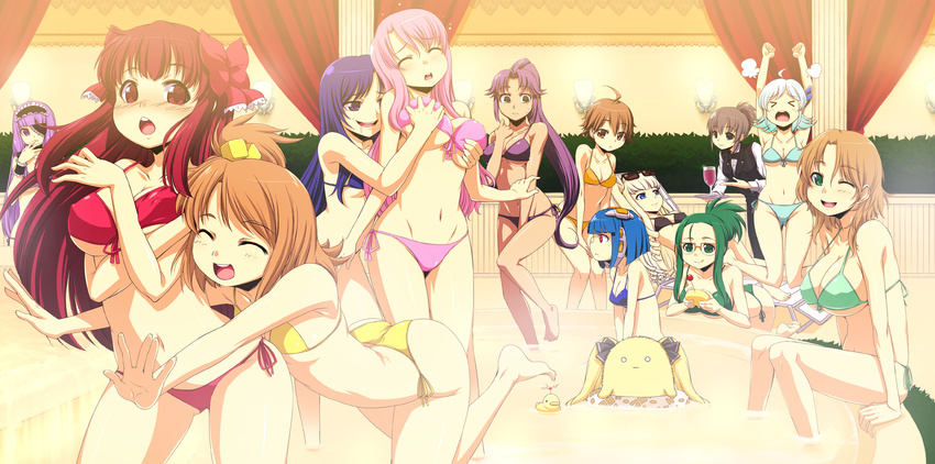 &gt;_&lt; amane_(dream_c_club) angry asuka_(dream_c_club_zero) bikini blush breast_grab breasts cleavage closed_eyes curtains dark_skin dream_c_club dream_c_club_(series) dream_c_club_zero everyone eyepatch front-tie_top glasses grabbing hair_cubes hair_ornament haruka_(dream_c_club) highres ili_(dream_c_club) indoors large_breasts legs long_hair mari_(dream_c_club) mian_(dream_c_club) mio_(dream_c_club) multiple_girls nao_(dream_c_club) navel nonono_(dream_c_club) onija_tarou open_mouth pink_hair ponytail pool reika_(dream_c_club) rui_(dream_c_club) setsu_(dream_c_club) side-tie_bikini smile swimsuit thighs underboob water yuri