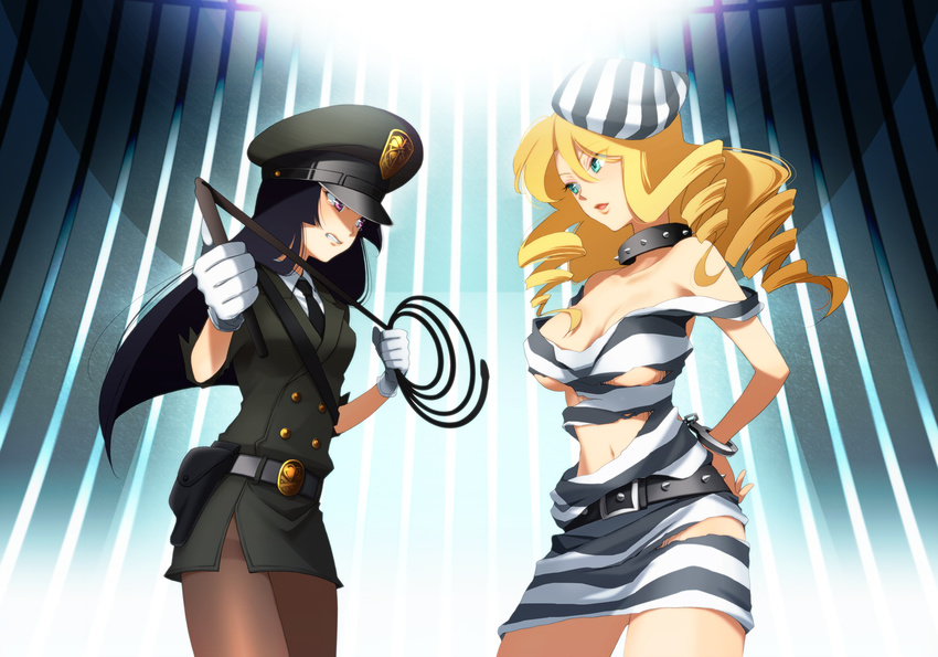2girls arms_behind_back bangs bare_shoulders belt beret black_hair blonde_hair blush bound bound_wrists breasts brown_legwear clenched_teeth collar collarbone cuffs drill_hair female frown gloves green_eyes hair_between_eyes handcuffs hands hat highres holding impossible_clothes impossible_clothing indoors large_breasts long_hair looking_at_another midriff miniskirt multiple_girls nanacentimeter nanako_m navel necktie off_shoulder open_mouth original pantyhose police police_hat police_uniform policewoman prison prison_clothes prisoner purple_eyes skirt spiked_collar spikes standing striped striped_hat teeth thigh_gap torn_clothes uniform whip white_gloves