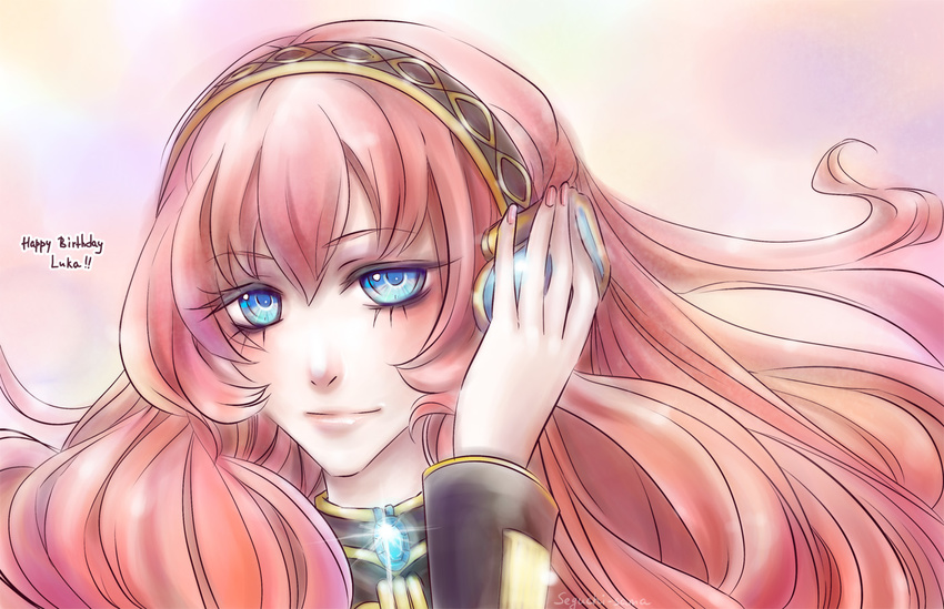 aqua_eyes female gradient gradient_background happy_birthday headphones long_hair megurine_luka pink_hair seguchi_sama smile solo vocaloid