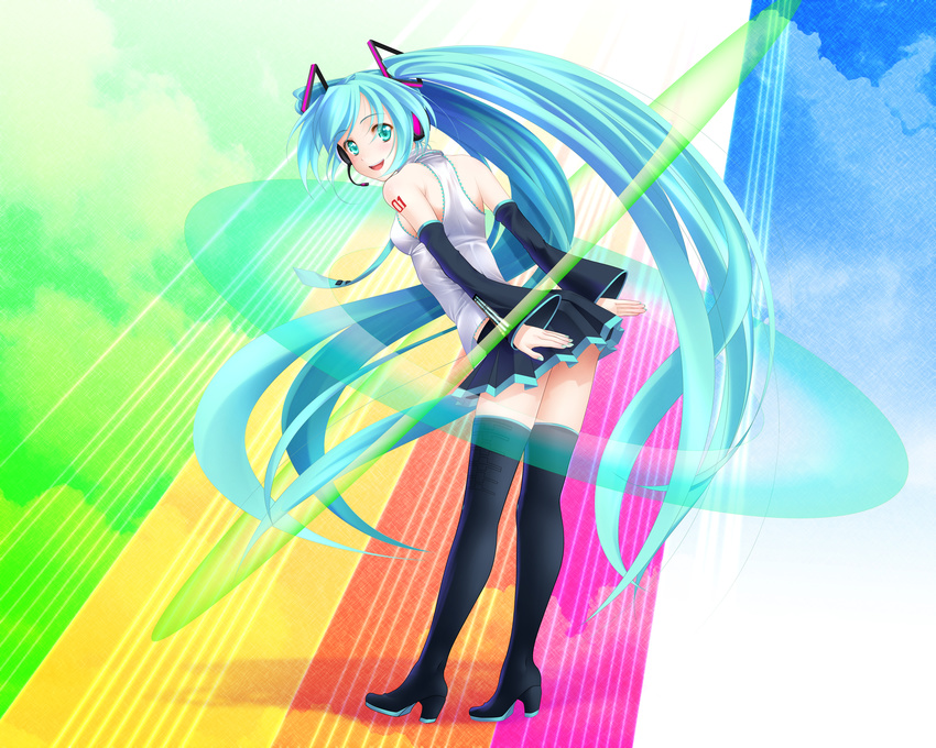 aizawa_kotarou aqua_eyes aqua_hair bad_id bad_pixiv_id boots detached_sleeves hatsune_miku headset high_heels highres leaning_forward long_hair nail_polish necktie shoes skirt smile solo thigh_boots thighhighs twintails very_long_hair vocaloid