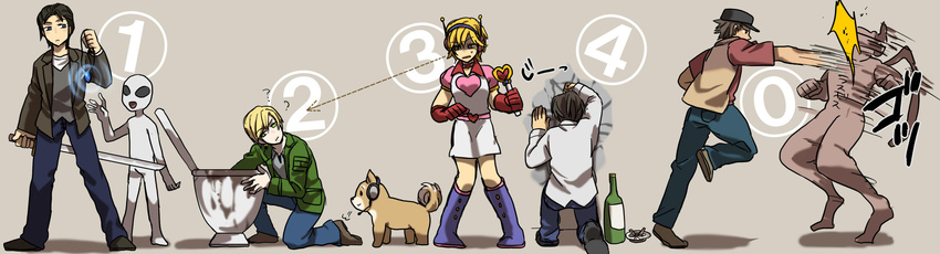 4boys ? alien ashtray bad_id bad_pixiv_id black_hair blonde_hair blue_eyes boots bottle brown_eyes brown_hair dog green_eyes harry_mason hat headphones headset heart heather_mason henry_townshend highres james_sunderland kneeling long_image magical_girl mira_(silent_hill) mokusen_(shinkou-houkou) monster multiple_boys punching shaded_face shirt short_hair silent_hill silent_hill:_origins silent_hill_1 silent_hill_2 silent_hill_3 silent_hill_4 sword time_paradox toilet travis_o'_grady wand weapon wide_image