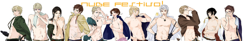 ahoge america_(hetalia) austria_(hetalia) axis_powers_hetalia black_hair blonde_hair brown_hair china_(hetalia) flag france_(hetalia) germany_(hetalia) highres italy_(hetalia) japan_(hetalia) male male_focus multiple_boys northern_italy_(hetalia) prussia_(hetalia) russia_(hetalia) spain_(hetalia) stripping topless undressing united_kingdom_(hetalia) white_hair