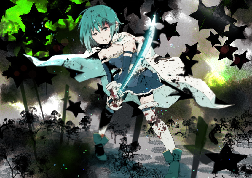 bad_id bad_pixiv_id blood blue_eyes blue_hair cape gloves magical_girl mahou_shoujo_madoka_magica miki_sayaka nasu_achiko short_hair skirt solo star sword thighhighs weapon witch's_labyrinth