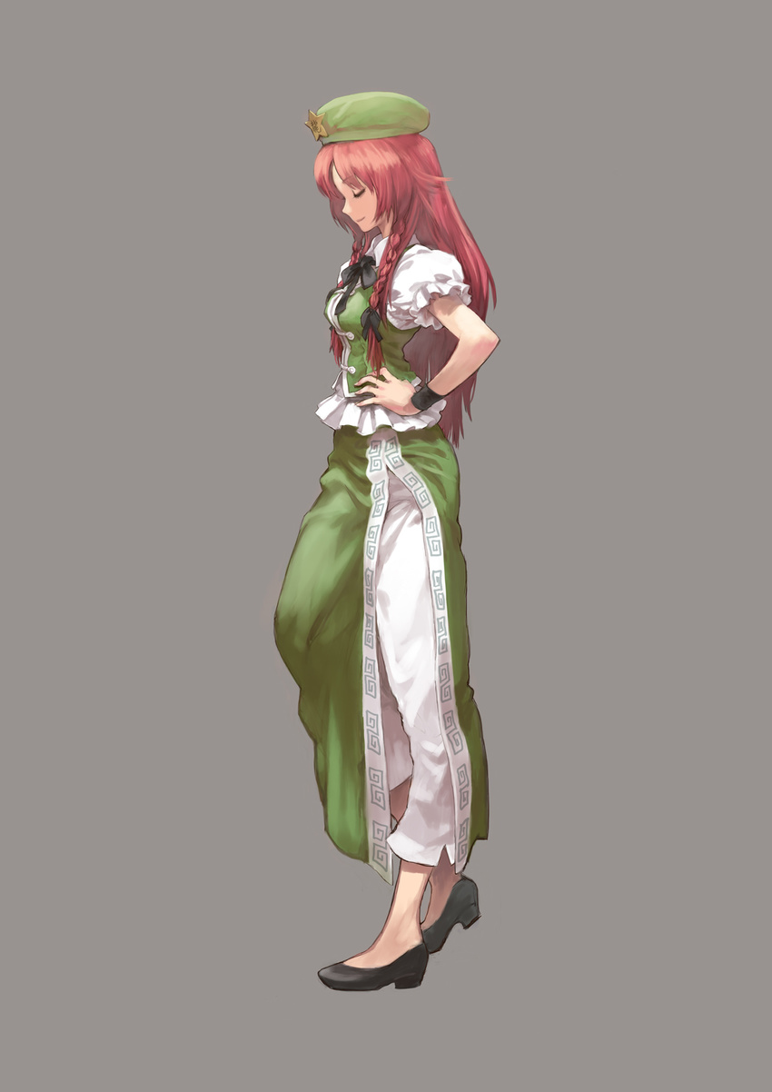 beret bow braid china_dress chinese_clothes closed_eyes dress hand_on_hip hat highres hong_meiling long_hair matsuda_(matsukichi) no_socks pants pants_under_dress profile pumps red_hair side_slit simple_background smile solo standing star touhou twin_braids wristband