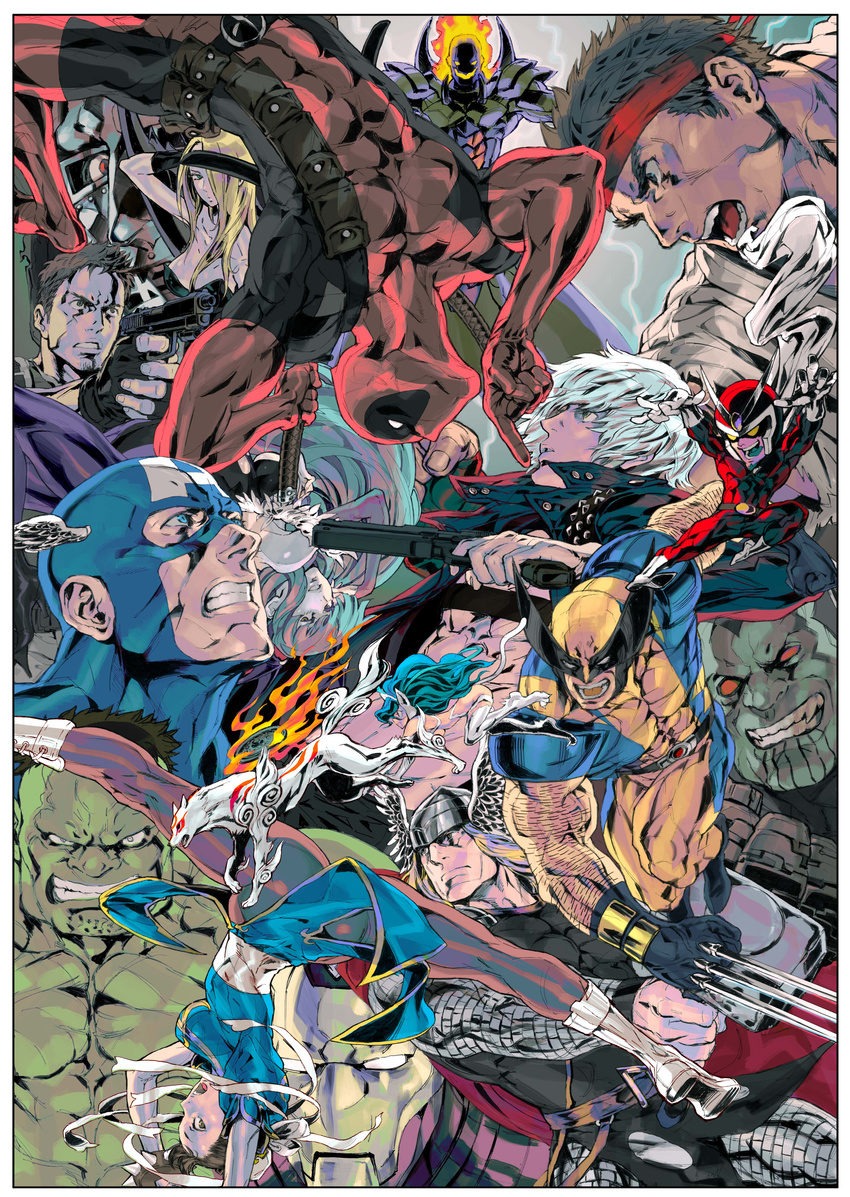 6+boys absurdres all_fours amaterasu animal_ears armor belt big_hair black_hair blonde_hair boots bracelet breasts brown_eyes brown_hair bruce_banner bun_cover capcom captain_america cat_ears cat_tail china_dress chinese_clothes chris_redfield chun-li claws cleavage crossover dante_(devil_may_cry) deadpool doctor_doom dormammu double_bun dougi dress felicia fire green_skin gun hair_ribbon hairband hammer handgun headband helmet highres hulk iron_man jewelry katana large_breasts long_hair marvel marvel_vs._capcom marvel_vs._capcom_3 mask morrigan_aensland multiple_boys multiple_girls nishimura_kinu official_art ookami_(game) open_mouth pantyhose red_eyes ribbon ryuu_(street_fighter) sheath sheathed skull spiked_bracelet spikes spinning_bird_kick steve_rogers street_fighter super-skrull sword tail thor_(marvel) tongue trish_(devil_may_cry) upside-down vampire_(game) viewtiful_joe viewtiful_joe_(character) weapon winged_helmet wolf wolverine x-men