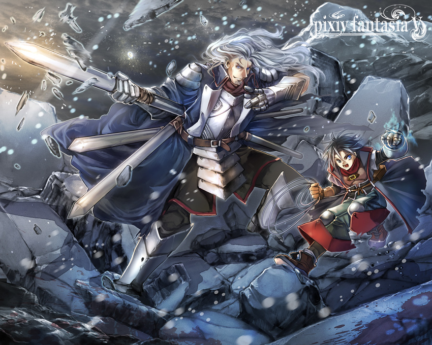 armor black_legwear blue_eyes cape facial_hair goatee long_hair multiple_boys open_mouth pixiv_fantasia pixiv_fantasia_5 takayama_dan thighhighs weapon white_hair