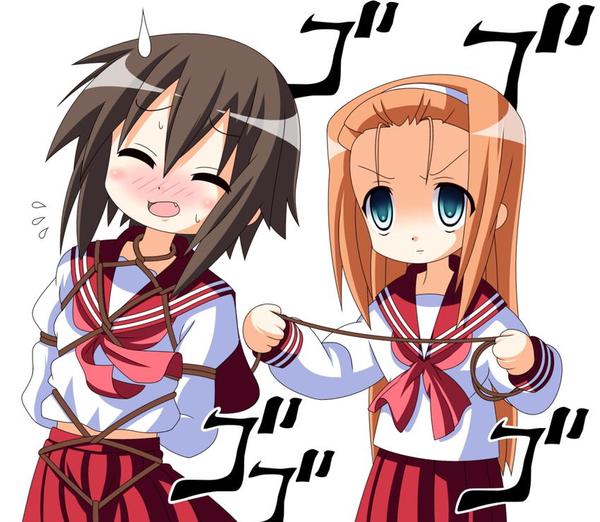 bdsm bondage bound brown_hair closed_eyes empty_eyes green_eyes kusakabe_misao long_hair lucky_star minegishi_ayano multiple_girls orange_hair pink_neckwear rindou_(awoshakushi) rope ryouou_school_uniform school_uniform serafuku shibari shibari_over_clothes short_hair