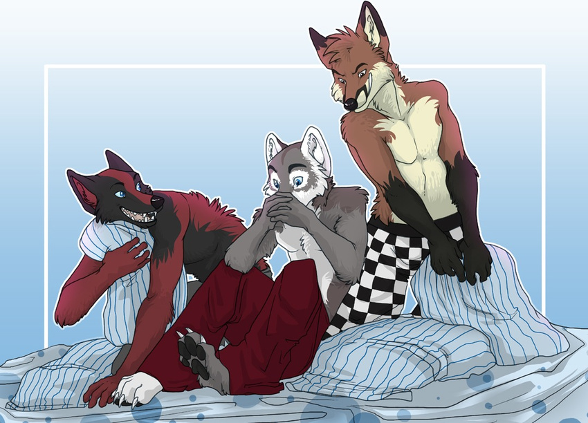 bed blue_eyes boxers canine cardinal_(artist) checkers claws fox fur gradient_background grey grey_fur hindpaw male mammal markings maroon open_mouth pajamas pawpads paws pillow pillow_fight pyjamas simple_background teeth underwear wolf