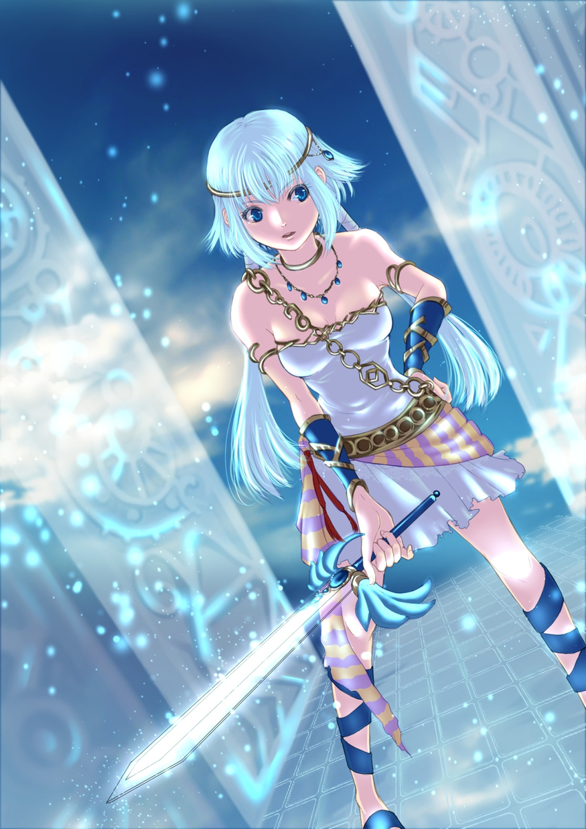 arm_guards bad_id bad_pixiv_id blue_eyes blue_hair chain dutch_angle fantasy hand_on_hip highres jewelry necklace original sash solo sword time-flies weapon