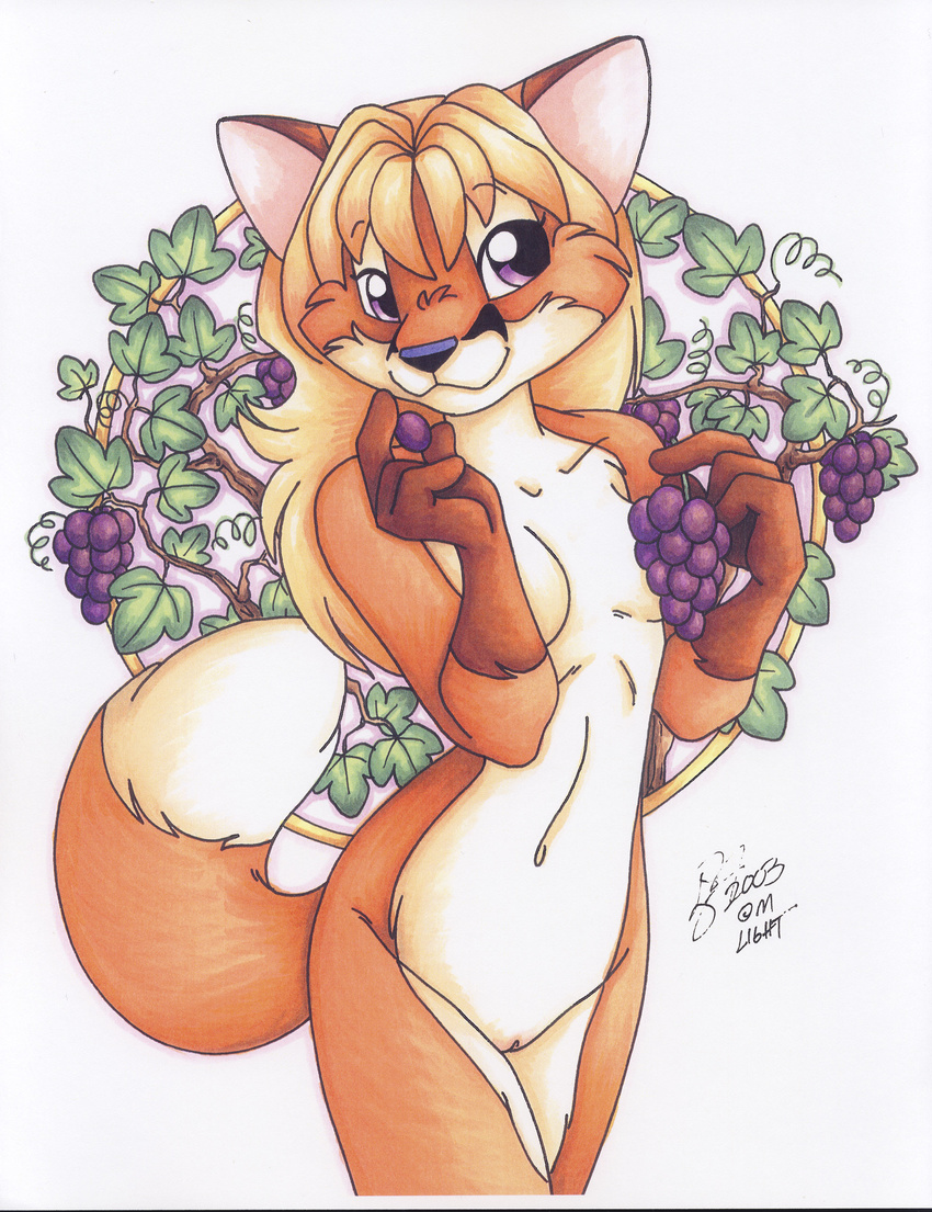 canine female fox fruit grapes hi_res mammal michele_light nude purple_eyes pussy solo