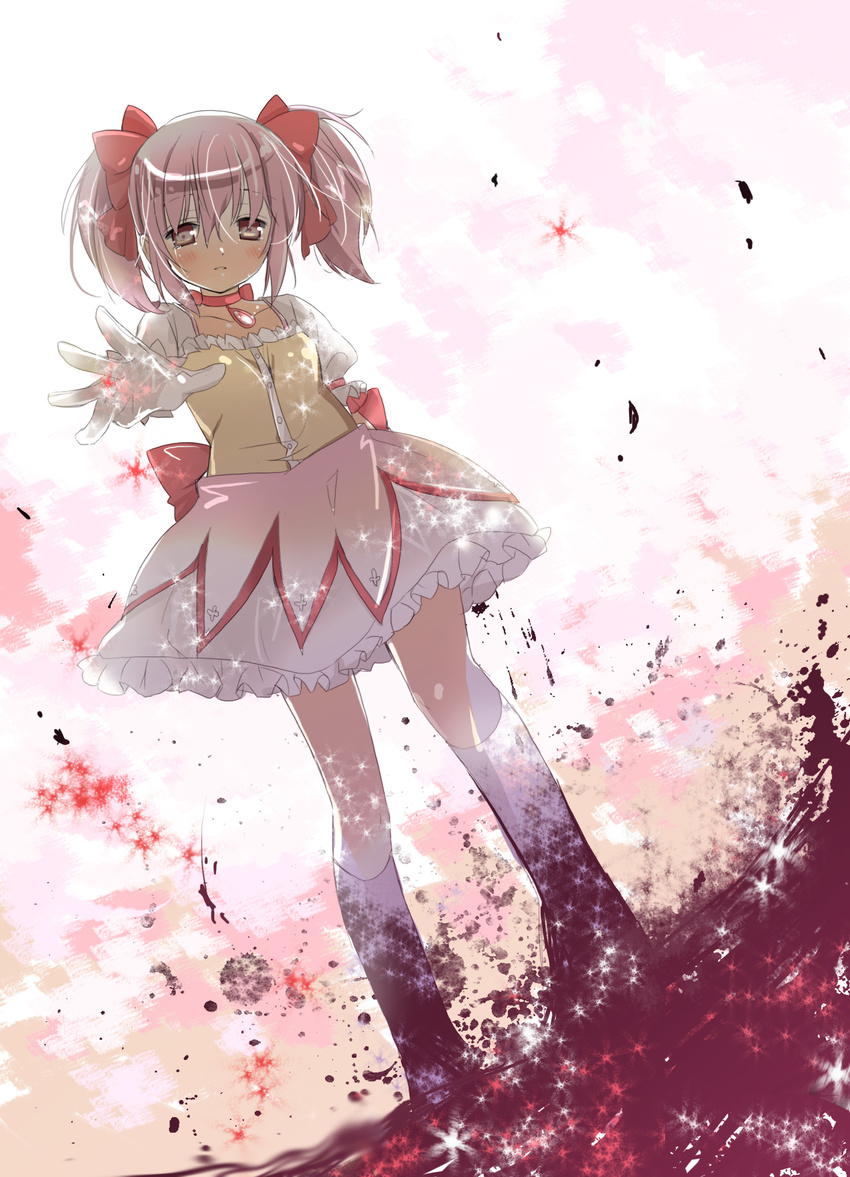 bad_id bad_pixiv_id blush bubble_skirt choker dutch_angle gloves highres kaname_madoka m_(tokui1213) magical_girl mahou_shoujo_madoka_magica outstretched_hand pink_eyes pink_hair puffy_sleeves reaching red_choker short_hair short_twintails skirt solo standing tears twintails white_gloves