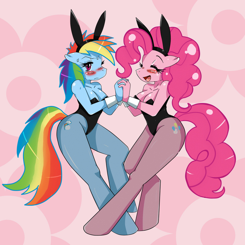 anthro anthrofied blush breasts duo embarrassed equine female friendship_is_magic fur hair horse lagomorph lesbian looking_at_viewer mammal my_little_pony pink_fur pinkie_pie_(mlp) playboy pony purple_eyes rabbit rabbit_ears rainbow_dash_(mlp) sssonic2