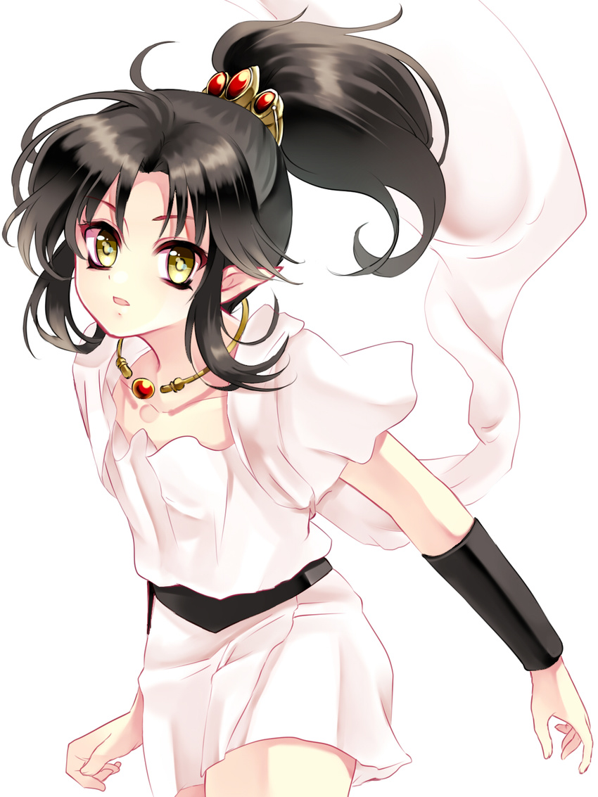 androgynous ashura bad_id bad_pixiv_id black_hair elf hair_ornament highres jewelry kurabayashi male_focus necklace pointy_ears ponytail rg_veda simple_background yellow_eyes