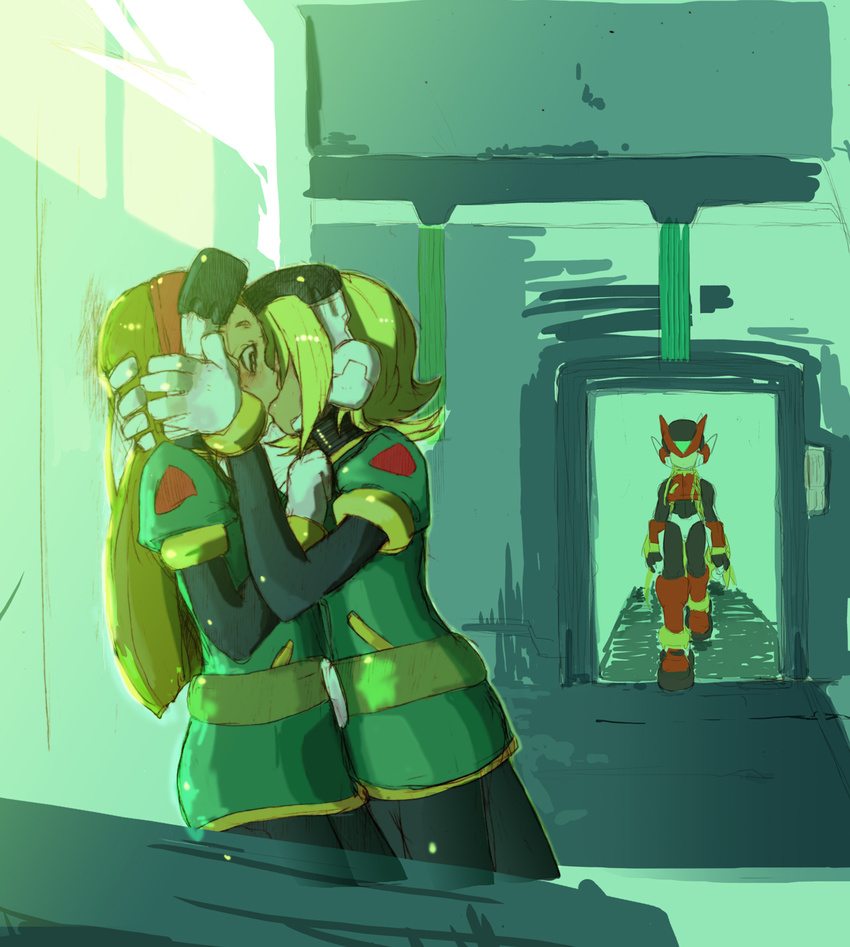 2girls bad_id bad_pixiv_id blonde_hair blush brown_hair goggles helmet highres hoketsu jaune_(rockman_zero) kiss multiple_girls rockman rockman_zero rouge_(rockman_zero) yuri zero_(rockman)